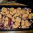 Honey roasted sweet potatoes with red onions