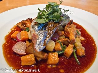  oven-roasted stone bass with girelles, sweet potato & radishes