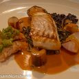 Isle of gigha halibut with langoustines, turnip tops, roasted salsify and shellfish sauce GH