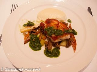 Roast cod, truffle mash,parsley & hazelnut pesto, leeks & chanterelles 