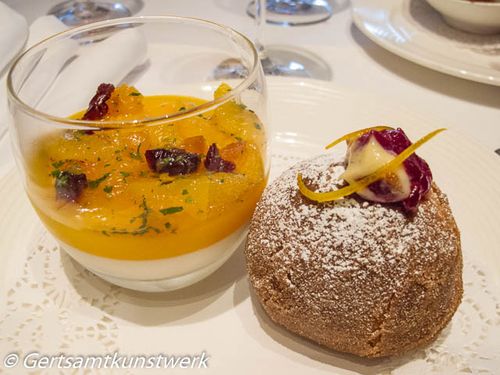 Mandarin pannacotta and cranberry doughnut