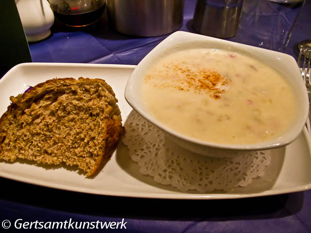 Seafood chowder, full of swimming pigs