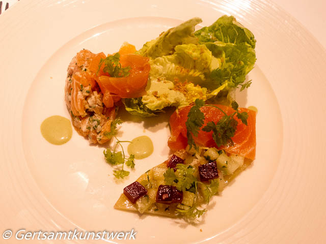 Salmon tartare, with gravadlax, Mersea oysters, beetroot, horseradish and herbs